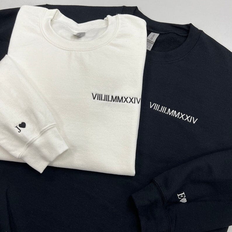 Custom Embroidered Roman Numeral Sweatshirt, Couple Shirt Initial On Sleeve, Anniversary Year, Personalized Date Hoodie, Valentines Day Gift Signature Apparel
