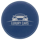 Round Drink Coaster, 4" Laserable Leatherette Coaster Signature Laser Engraving Blue/Silver 