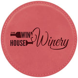 Round Drink Coaster, 4" Laserable Leatherette Coaster Signature Laser Engraving Pink/Black 