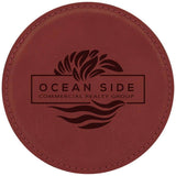 Round Drink Coaster, 4" Laserable Leatherette Coaster Signature Laser Engraving Rose/Black 