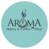 Round Drink Coaster, 4" Laserable Leatherette Coaster Signature Laser Engraving Teal/Black 