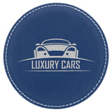 4" Laserable Leatherette Drink Coaster, Signature Cutouts Round Blue/Silver 